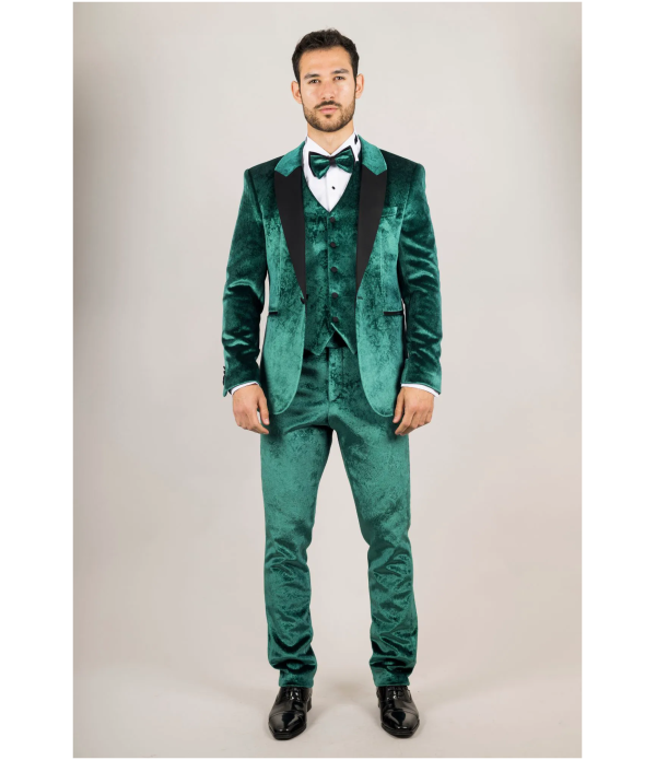 AK-25 Men's Emerald Green 3-Piece Velvet Wedding Tuxedo with Black Lapels