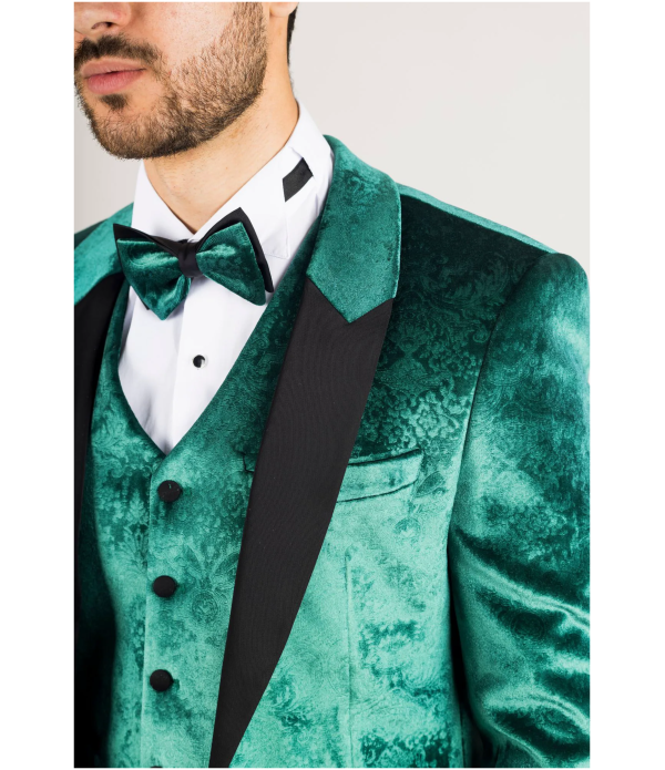 AK-25 Men's Emerald Green 3-Piece Velvet Wedding Tuxedo with Black Lapels