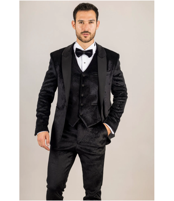 AK-26 Men's Black 3-Piece Velvet Wedding Tuxedo with Satin Lapels