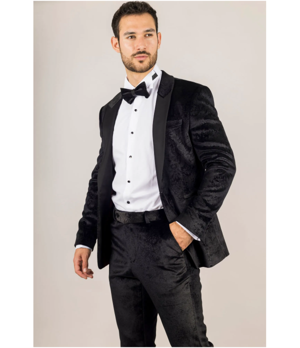 AK-26 Men's Black 3-Piece Velvet Wedding Tuxedo with Satin Lapels