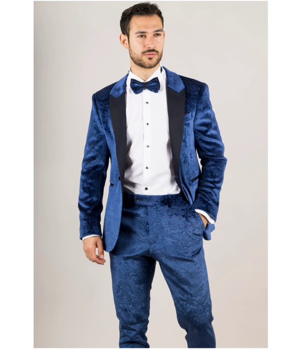 AK-27 Men's Blue 3-Piece Velvet Wedding Tuxedo with Black Satin Lapels