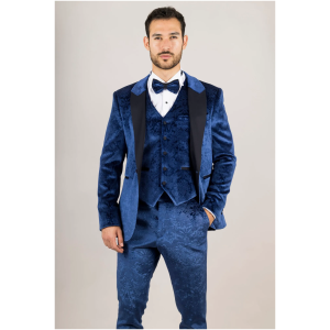 AK-27 Men’s Blue 3-Piece Velvet Wedding Tuxedo with Black Satin Lapels