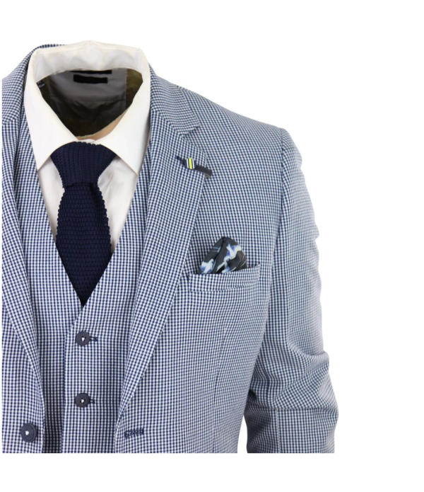 Baresi Men's 3-Piece Grey and Navy Contrasting Classic Summer Check Suit