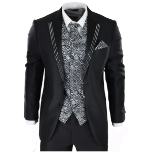 Men’s Black 3-Piece Wedding Suit with Silver Cravat and Embellished Waistcoat