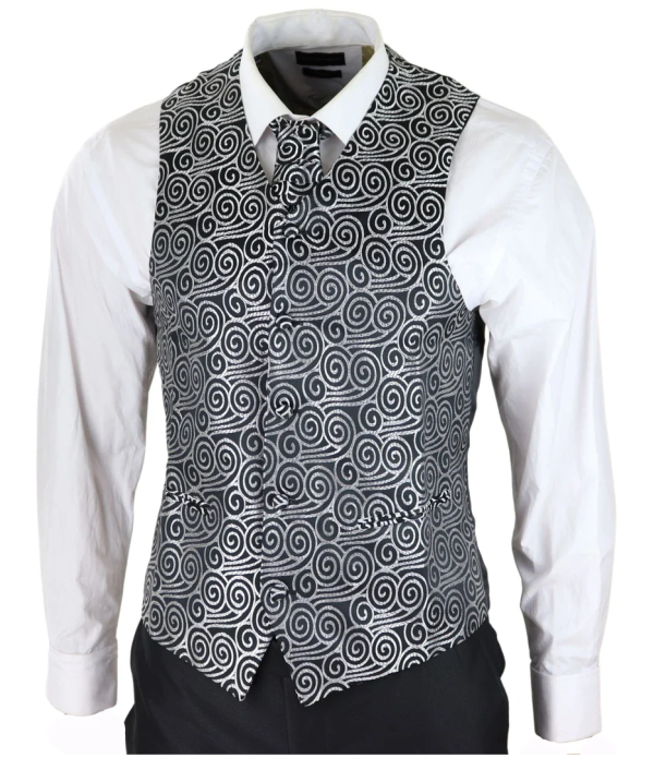 Men's Black 3-Piece Wedding Suit with Silver Cravat and Embellished Waistcoat