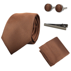 Diamond Neck Brown Tie Gift Set Pocket Square Cuff Links Pin Tie For Shirt Satin