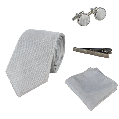 Diamond Neck Silver Tie Gift Set Pocket Square Cuff Links Pin Tie For Shirt Satin