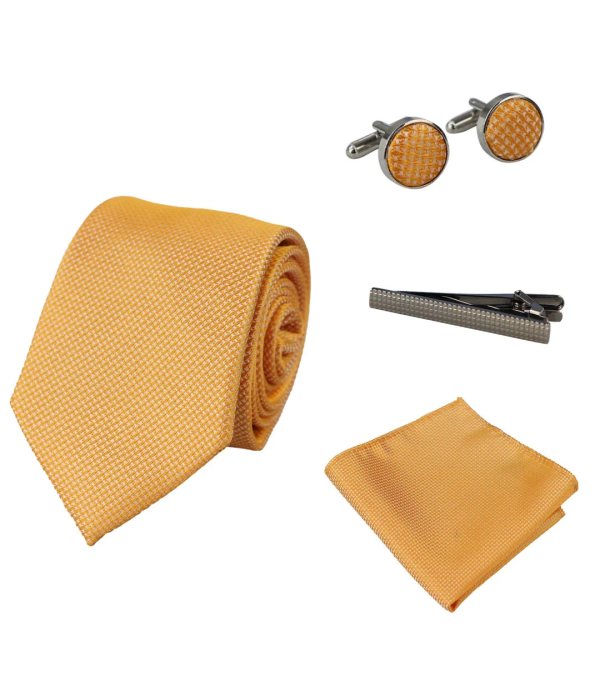 Diamond Neck Yellow Tie Gift Set Pocket Square Cuff Links Pin Tie For Shirt Satin