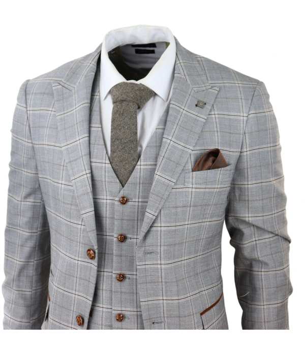 Francis Men's Grey 3-Piece Wedding Suit with Tan Brown Check and Velvet Trim