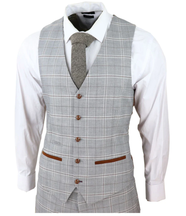 Francis Men's Grey 3-Piece Wedding Suit with Tan Brown Check and Velvet Trim