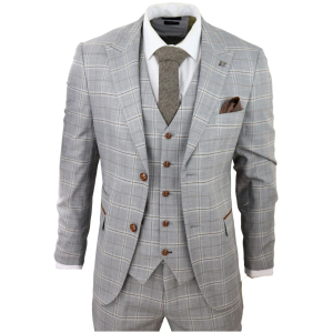 Francis Men’s Grey 3-Piece Wedding Suit with Tan Brown Check and Velvet Trim