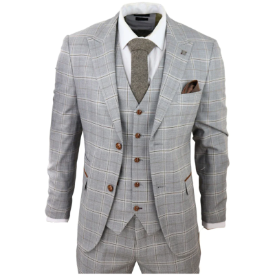 Francis Men's Grey 3-Piece Wedding Suit with Tan Brown Check and Velvet Trim