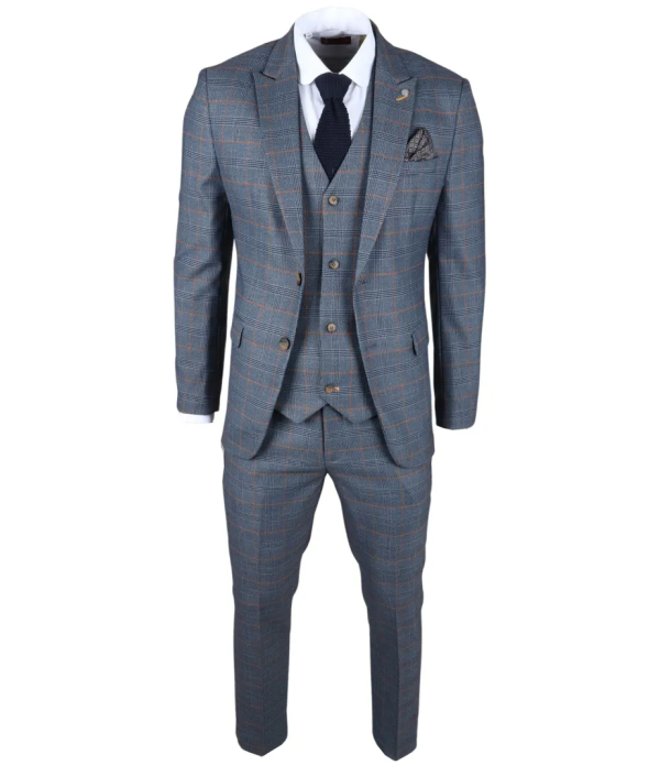 Gisborne Men's 3-Piece Navy Checked Suit with Mustard Accents