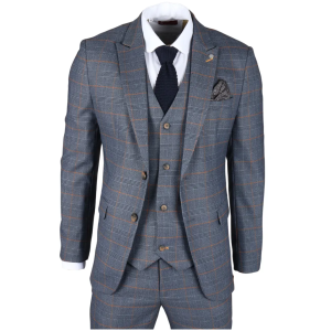 Gisborne Men’s 3-Piece Navy Checked Suit with Mustard Accents