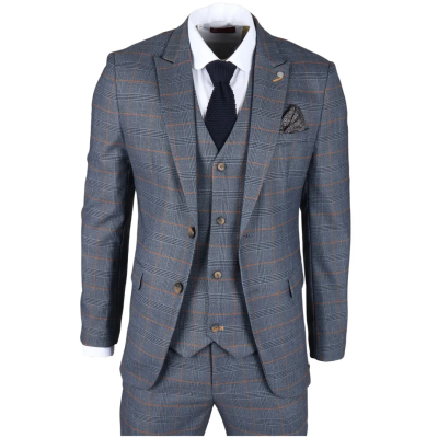 Gisborne Men's 3-Piece Navy Checked Suit with Mustard Accents