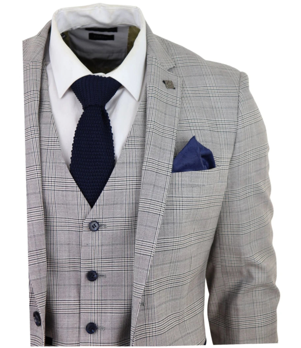 Hugo Men's Light Grey 3-Piece Suit with Navy Blue Check and Velvet Trims