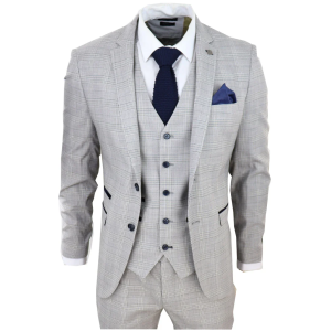 Hugo Men’s Light Grey 3-Piece Suit with Navy Blue Check and Velvet Trims