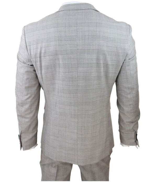 Hugo Men's Light Grey 3-Piece Suit with Navy Blue Check and Velvet Trims