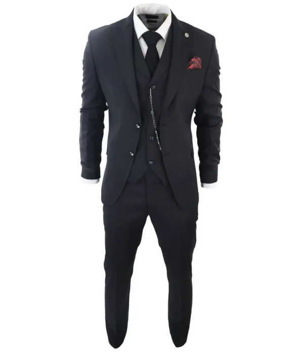 James Men's Classic Black 3-Piece Suit with Red Pocket Square