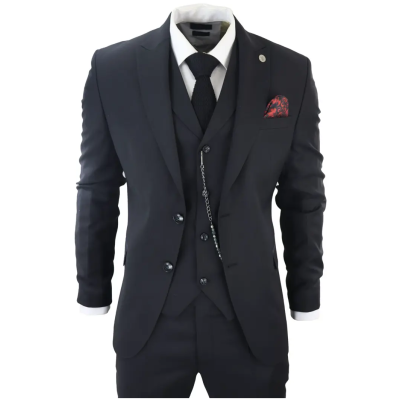 James Men's Classic Black 3-Piece Suit with Red Pocket Square