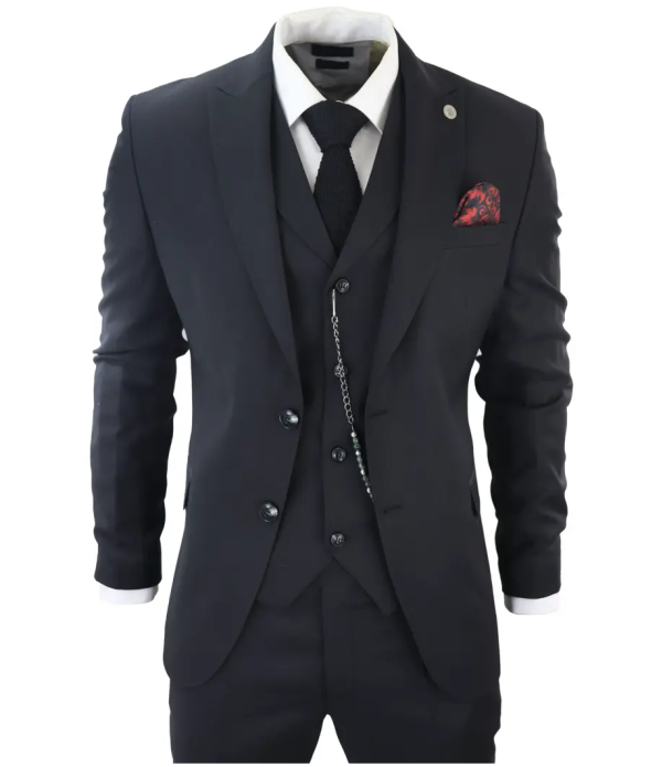 James Men's Classic Black 3-Piece Suit with Red Pocket Square