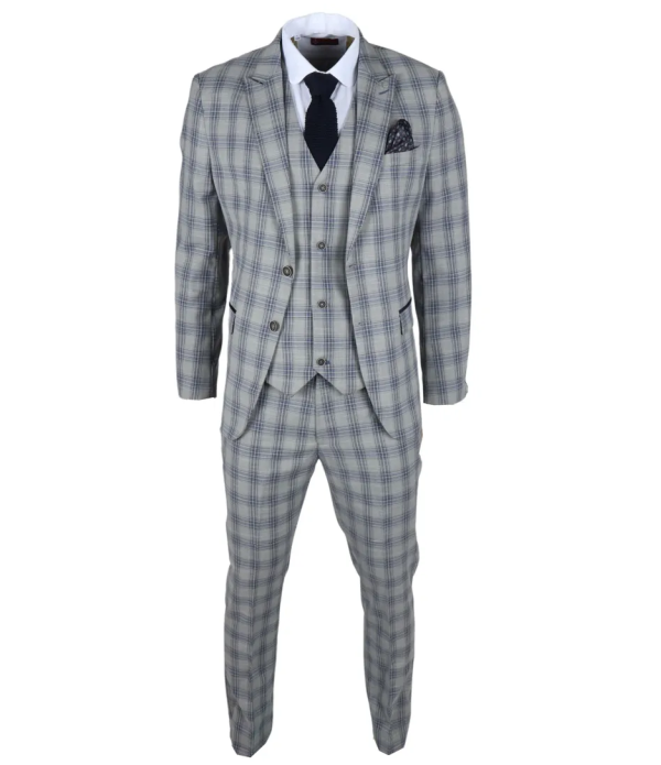 Knight Men's 3-Piece Grey and Blue Checked Suit