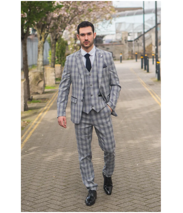 Knight Men's 3-Piece Grey and Blue Checked Suit