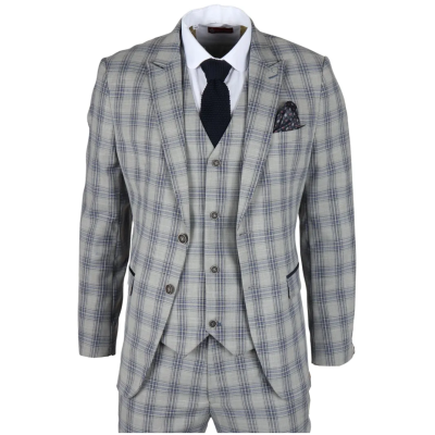 Knight Men's 3-Piece Grey and Blue Checked Suit