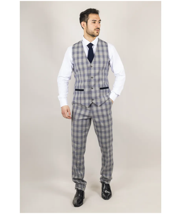 Knight Men's 3-Piece Grey and Blue Checked Suit