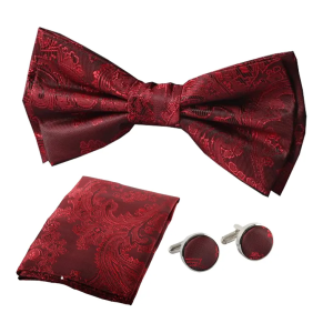 Men’s Wine Bow Tie Pocket Square Cuff Links Gift Set