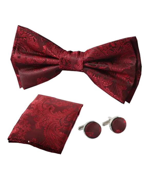 Men's Wine Bow Tie Pocket Square Cuff Links Gift Set