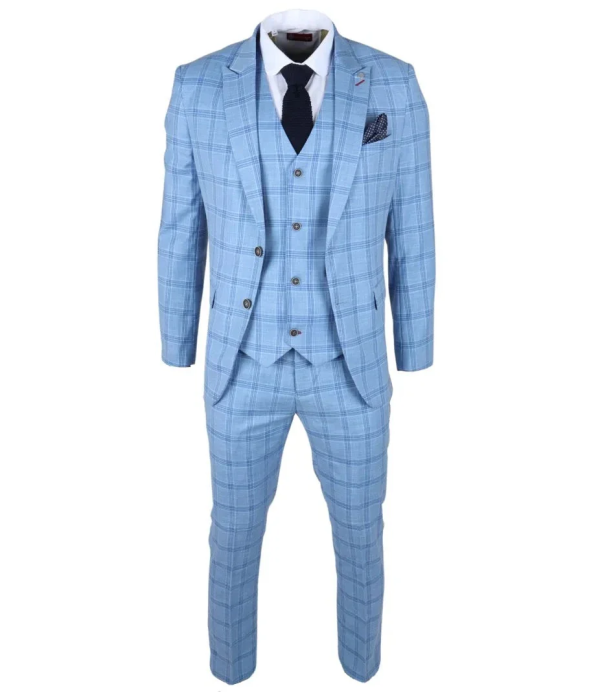 Plowman Men's Light Blue 3-Piece Checked Suit