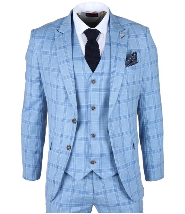 Plowman Men's Light Blue 3-Piece Checked Suit