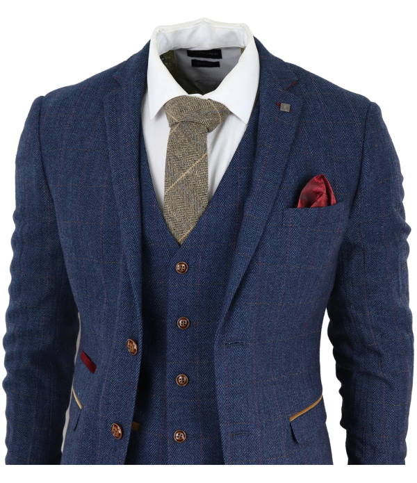 Scott Men's Blue 3-Piece Tweed Check Suit