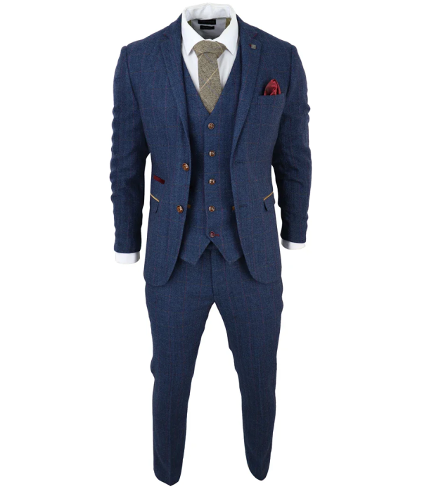 Scott Men's Blue 3-Piece Tweed Check Suit