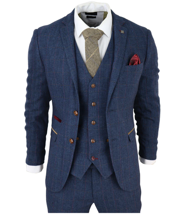 Scott Men's Blue 3-Piece Tweed Check Suit