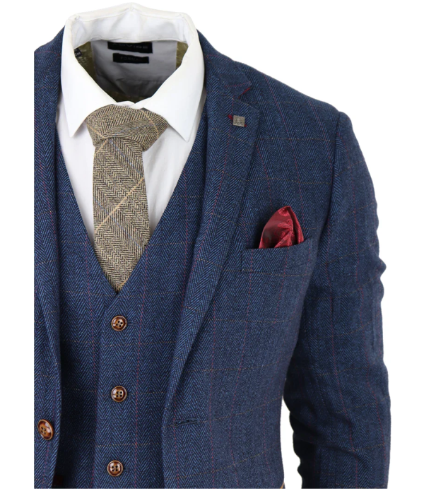 Scott Men's Blue 3-Piece Tweed Check Suit