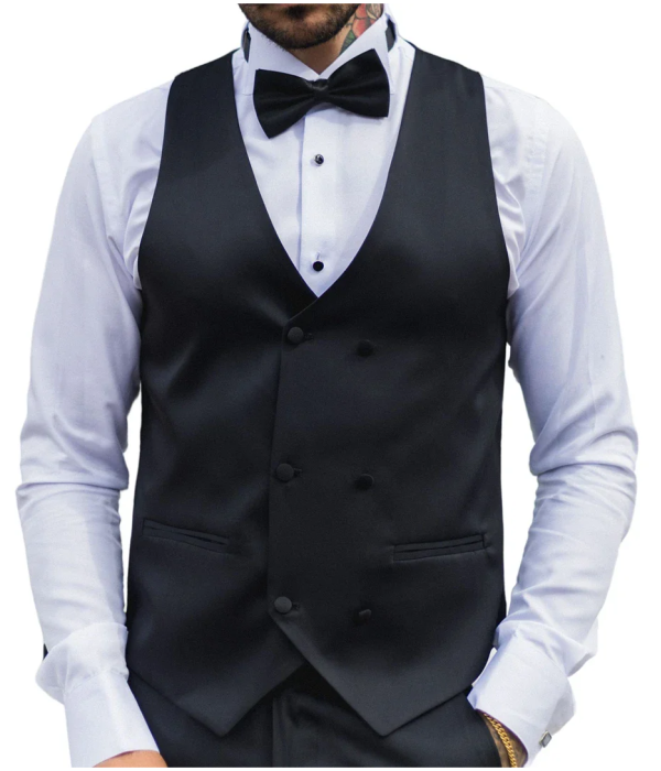 Men's Black Satin Double Breasted Waistcoat Black Tie Dinner Vest