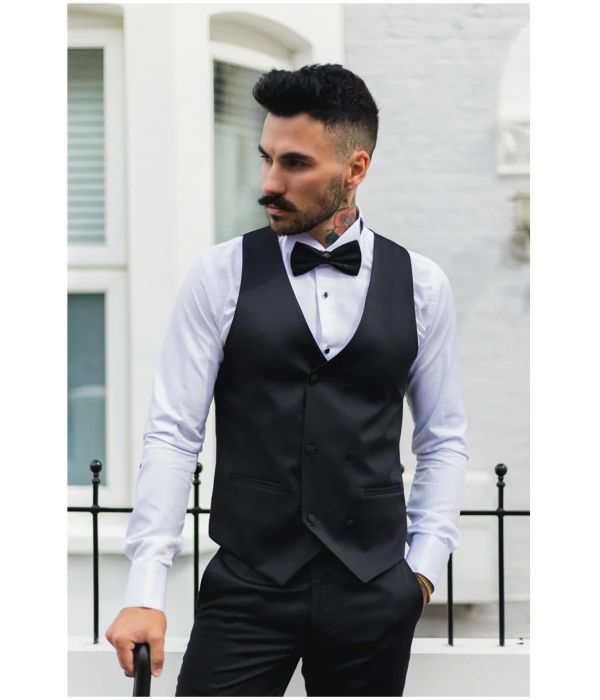 Men's Black Satin Double Breasted Waistcoat Black Tie Dinner Vest