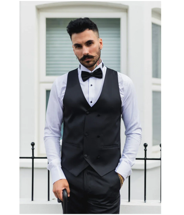 Men's Black Satin Double Breasted Waistcoat Black Tie Dinner Vest