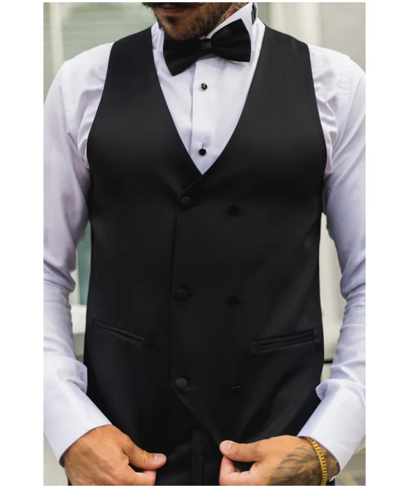 Men's Black Satin Double Breasted Waistcoat Black Tie Dinner Vest