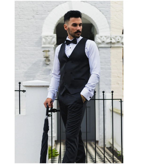 Men's Black Satin Double Breasted Waistcoat Black Tie Dinner Vest