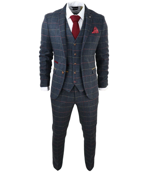 Thomas Men's Navy 3-Piece Tweed Check Suit