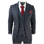 Thomas Men's Navy 3-Piece Tweed Check Suit - 36UK Jacket/Waistcoat + 30W Trousers