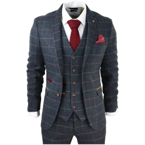 Thomas Men’s Navy 3-Piece Tweed Check Suit