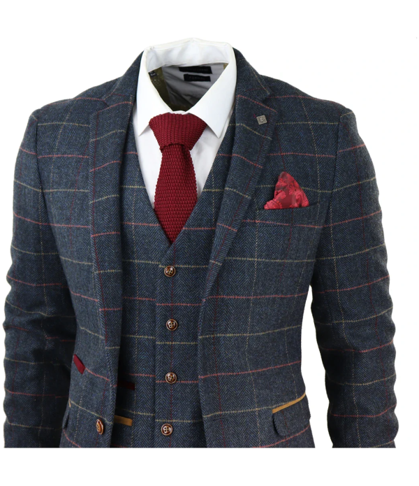 Thomas Men's Navy 3-Piece Tweed Check Suit