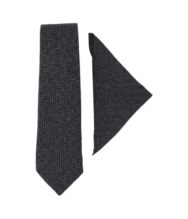 Men's Tweed Charcoal Tie Hankie Set Classic British Heritage Wool Herringbone