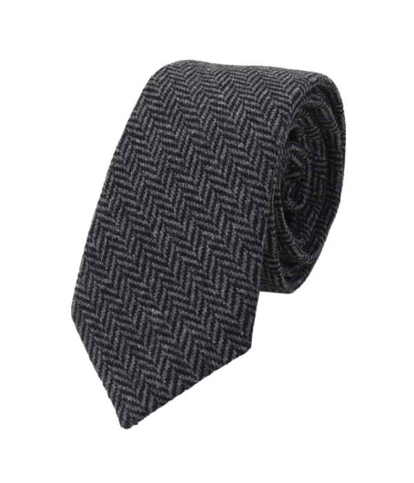 Men's Tweed Charcoal Tie Hankie Set Classic British Heritage Wool Herringbone