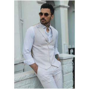 TP-10 – Men’s Summer Suit Waistcoat Trousers Linen Formal Cream Beige Wedding