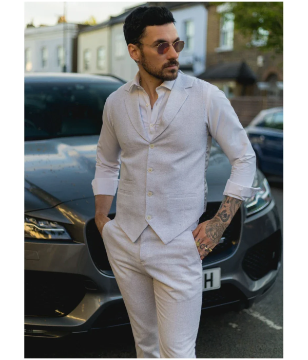 TP-11 - Men's Summer Suit Waistcoat Trousers Linen Formal Light Grey Wedding